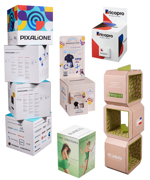 Cubes en carton personnalisés de toutes tailles et formes pour la PLV, ILV et communication